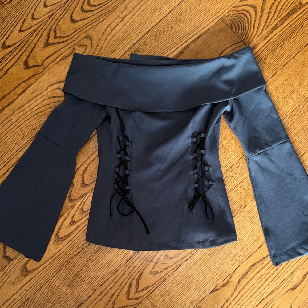Topshop Dark Gray Off-Shoulder Blouse with Lace-Up Sides